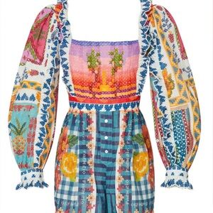 Farm Rio Summer Stitches Square Neck Long Sleeve Romper Multicolor Sz XS Cotton